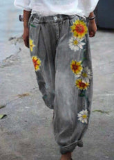 Bohemian Blue Oversized Sunflower Print Denim Harem Pants